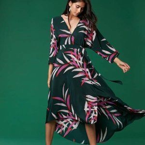 $468 DIANE VON FURSTENBERG QUINCY HUNTER PALM LEAVES SILK WRAP EFFECT MIDI DRESS